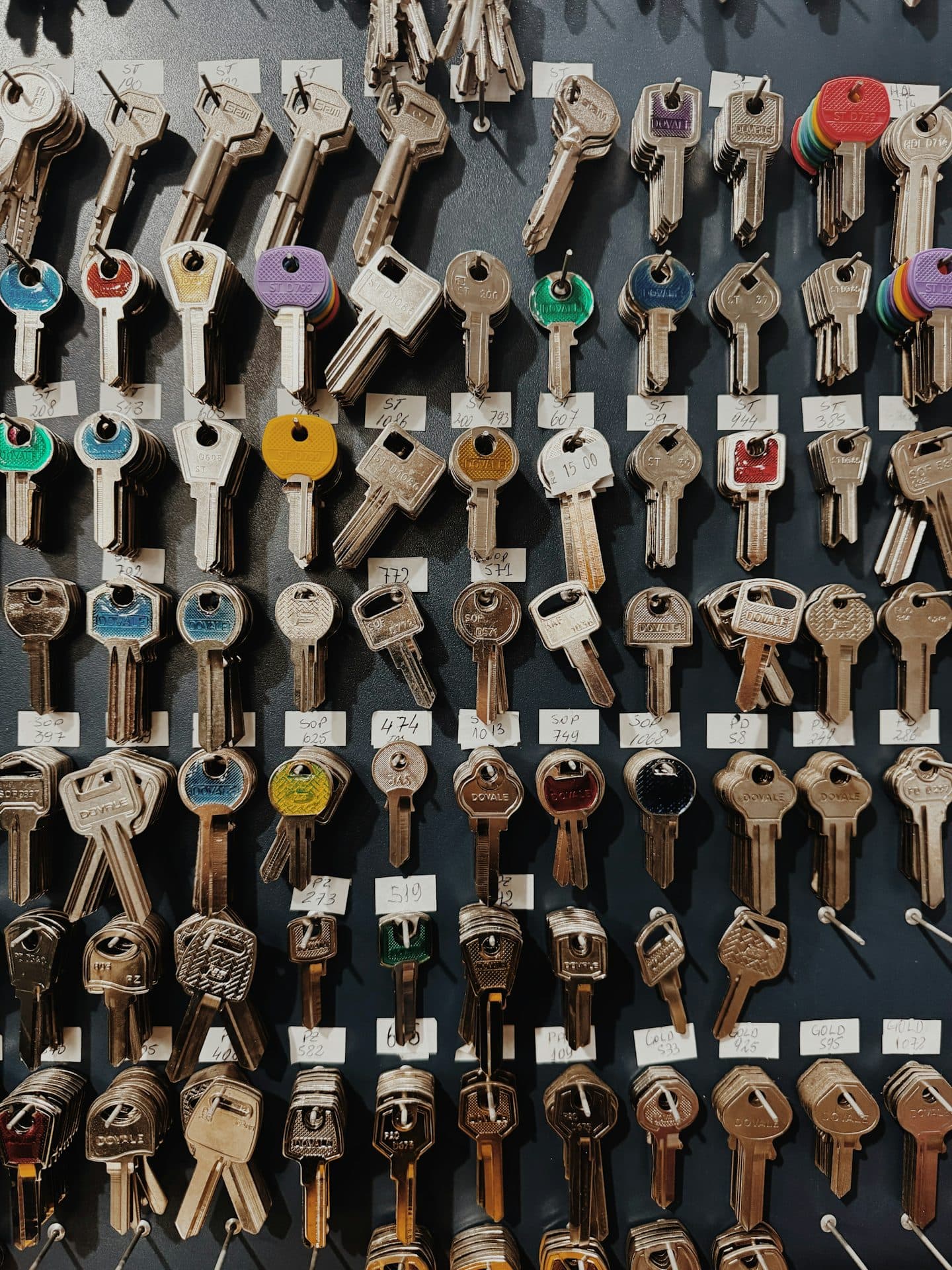 A locksmith's board of freshly cut house and car keys
